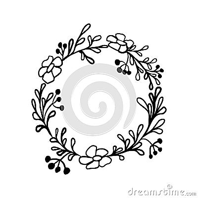 Beautiful floral wreath linear style. Isolated on white vector illustration. Hand drawn frame with flowers, leaves and Vector Illustration