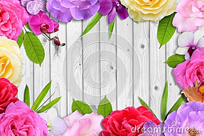 Beautiful flower blossom and leaf frame on white wood background Stock Photo