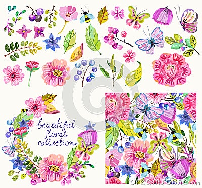 Beautiful flower collection with pattern and wreath Vector Illustration