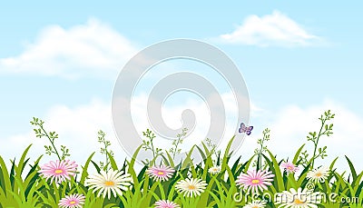 A Beautiful Flower Field with Butterfly Vector Illustration