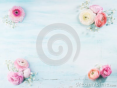 Beautiful flower frame bouquet on turquoise Stock Photo