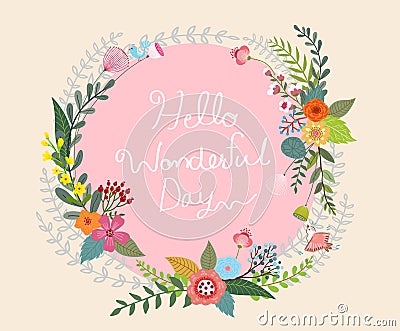 Beautiful flowers bouquet and round frame vector illustration Vector Illustration