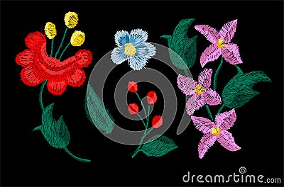 Beautiful flowers embroidery vector for textile design elements Vector Illustration