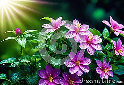 beautiful flowers with green leaves and refracting water drops, floral patterns, Cartoon Illustration