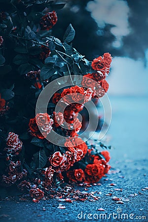 Beautiful flowers of scarlet roses fade, dropping red petals on the hard asphalt. The transience of beauty Stock Photo