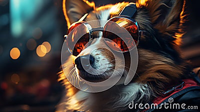 Beautiful fluffy corgi dog in sunglasses lies resting Stock Photo