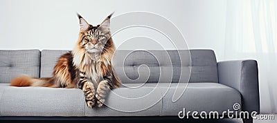 Beautiful fluffy maine coon cat is sitting on gray sofa in the room and looking in camera. Generative AI Stock Photo