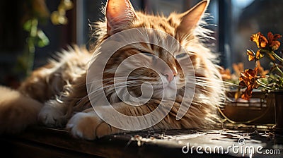 A beautiful fluffy red cat lies resting, sleeping, squinting in the sun Stock Photo