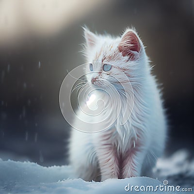 Generative AI: beautiful fluffy white cat in the snowy forest Stock Photo