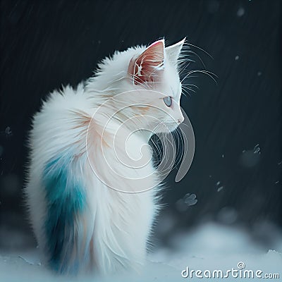 Generative AI: beautiful fluffy white cat in the snowy forest Stock Photo