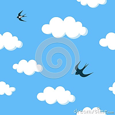 Flying swallows in the blue sky with white clouds seamless pattern Stock Photo