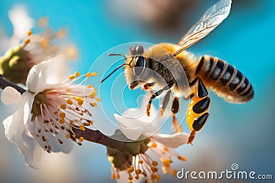 Beautiful flying bee on a flower collecting pollen at and cherry blossom branch.generative AI Stock Photo