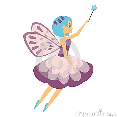 Beautiful flying fairy flapping magic stick. Elf princess with wand. Cartoon style Vector Illustration