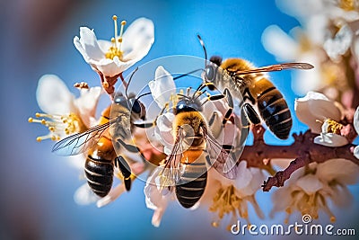 Beautiful flying group of bees on a flower collecting pollen at and cherry blossom branch. generative AI Stock Photo