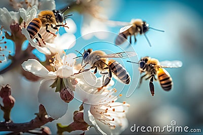 Beautiful flying group of bees on a flower collecting pollen at and cherry blossom branch. generative AI Stock Photo