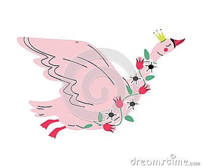 Beautiful Flying Swan Princess with Golden Crown and Flowers, Lovely Pink Fairytale Bird Queen Vector Illustration Vector Illustration