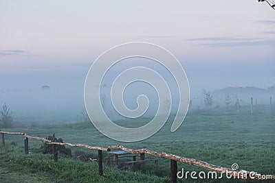 Beautiful foggy sunrise in Ukraine. Fog on the field. Untouched nature Stock Photo