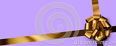 Beautiful foil golden bow with ribbon on purple background Vector Illustration