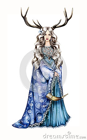 Beautiful Forest Goddess with horns Stock Photo