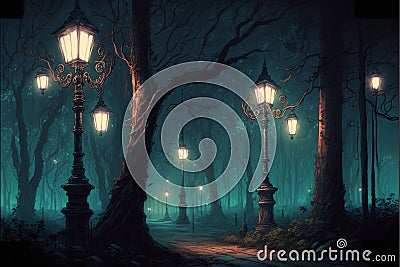 Beautiful forest at night, lit by burning lamp posts Stock Photo