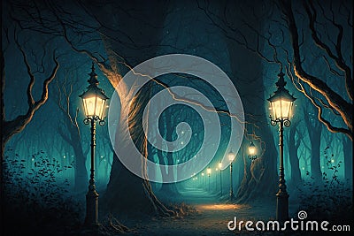 Beautiful forest at night, lit by burning lamp posts Stock Photo