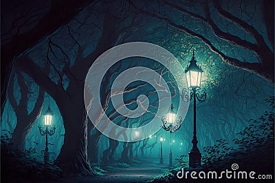 Beautiful forest at night, lit by burning lamp posts Stock Photo