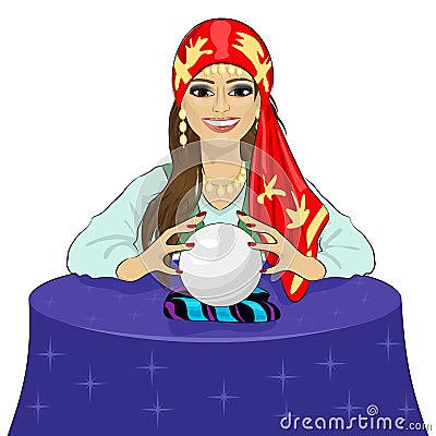 Beautiful fortune teller woman reading future on magical crystal ball Vector Illustration