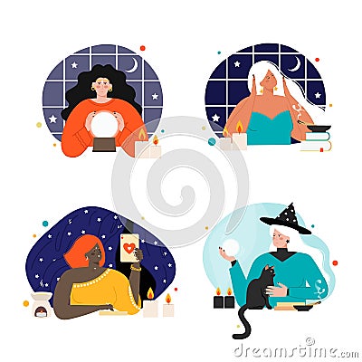 Beautiful fortune tellers oracles vector scene set Vector Illustration