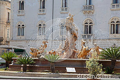 Beautiful Fountain of Diana on the Archimedes Square in famous Ortigia Island Editorial Stock Photo