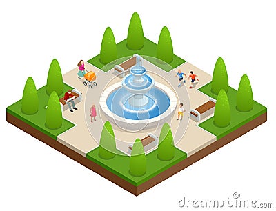 Beautiful fountain in the park. A zone of rest and relaxation. Children play near the fountain. Flat vector isometric on Vector Illustration