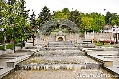 Beautiful fountains in downtown of the modern city Ramnicu Valcea. European travel destination. Ramnicu Valcea, Romania - 05.06. Editorial Stock Photo