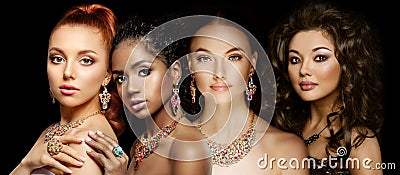 Beautiful Four models girls with set of Jewelry. Luxury girls in shine jewellry: Eearrings, Necklace, and Ring. Women in jewelry Stock Photo