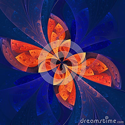 Beautiful fractal flower in dark blue and orange. Stock Photo