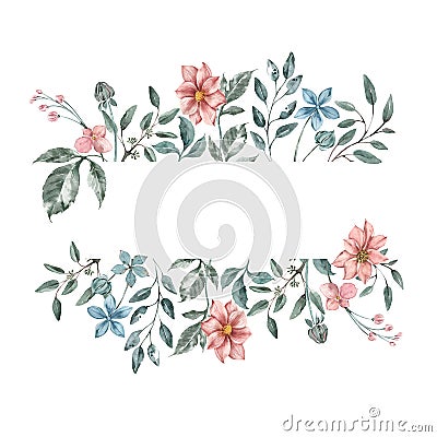 Beautiful frame with delicate peach dahlia flowers and turquoise color leaves. Wedding decorations. Cartoon Illustration