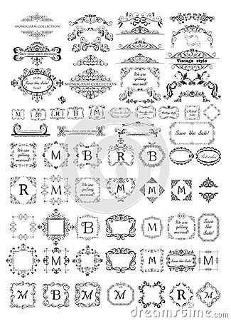 Beautiful frames, vignettes and headers collection for monogram, wedding design, menu card, restaurant, cafe, hotel, jewellery sto Vector Illustration