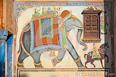 Beautiful fresco in ancient haveli of Mandawa, India Stock Photo