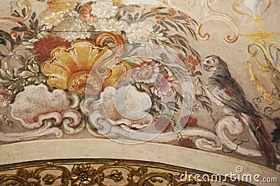 Italy Turin royal palace palazzo Madama fresco with exotic flowers and parrot Editorial Stock Photo