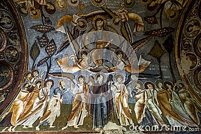 A beautiful fresco showing a portrait of Christ with The Virgin at the Open Air Museum at Goreme in Cappadocia in Turkey. Stock Photo