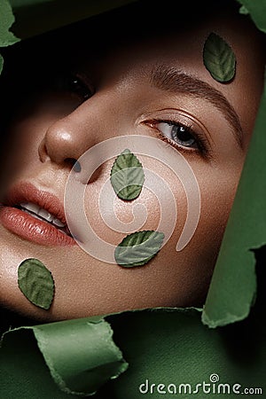 Beautiful fresh girl with perfect skin, natural make up and green leaves. Beauty face. Close up Stock Photo