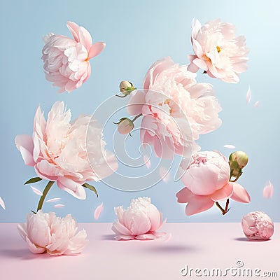 Beautiful fresh spring flowers levitating Sping, summer, floral background. Ai generated. Illustration Stock Photo