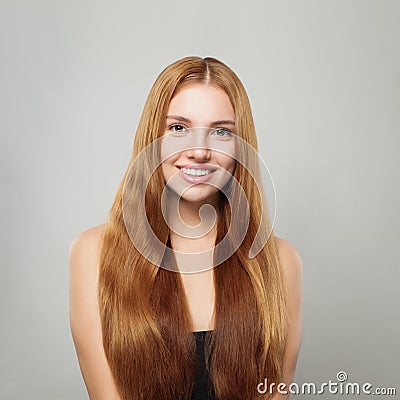 Beautiful friendly woman with hlong smooth straight hair portrait Stock Photo