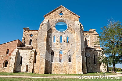 Beautiful front view of San Galgano church, Tuscany Editorial Stock Photo