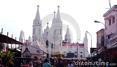 Beautiful front view of the world famous basilica of Our Lady of Good Health in velankanni. Editorial Stock Photo