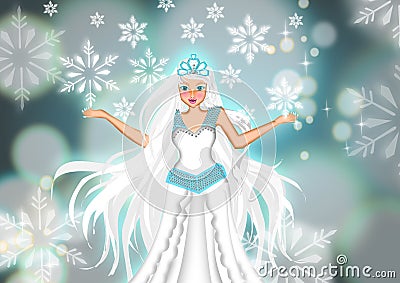 Beautiful frozen queen in white cold ice scene Cartoon Illustration