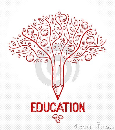 Beautiful fruit apple tree with pencil combined into a symbol, education concept vector linear style logo or icon. The seeds and Vector Illustration
