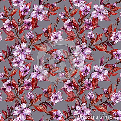 Beautiful fruit tree twigs in bloom on gray background. Lilac flowers and red leaves. Spring blossom. Seamless floral pattern. Cartoon Illustration