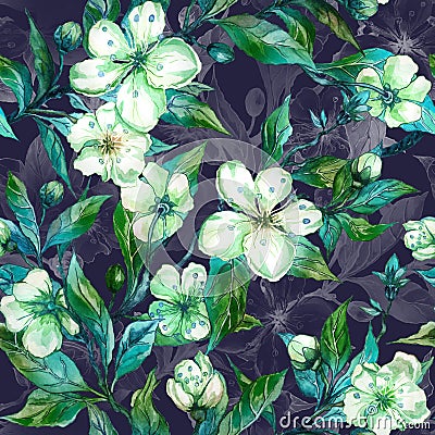 Beautiful fruit tree twigs in bloom. White and green flowers on dark gray background. Seamless spring floral pattern. Cartoon Illustration