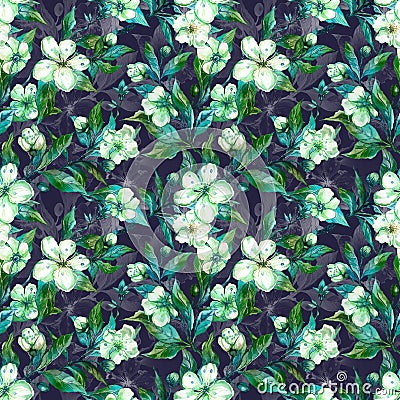 Beautiful fruit tree twigs in bloom. White and green flowers on gray background. Springtime. Seamless floral pattern. Cartoon Illustration