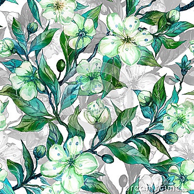 Beautiful fruit tree twigs in bloom. White and green flowers with outlines on white background. Seamless spring floral pattern. Cartoon Illustration