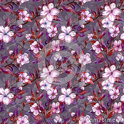 Beautiful fruit tree twigs in bloom. White and pink flowers on gray background. Springtime. Seamless floral pattern. Cartoon Illustration